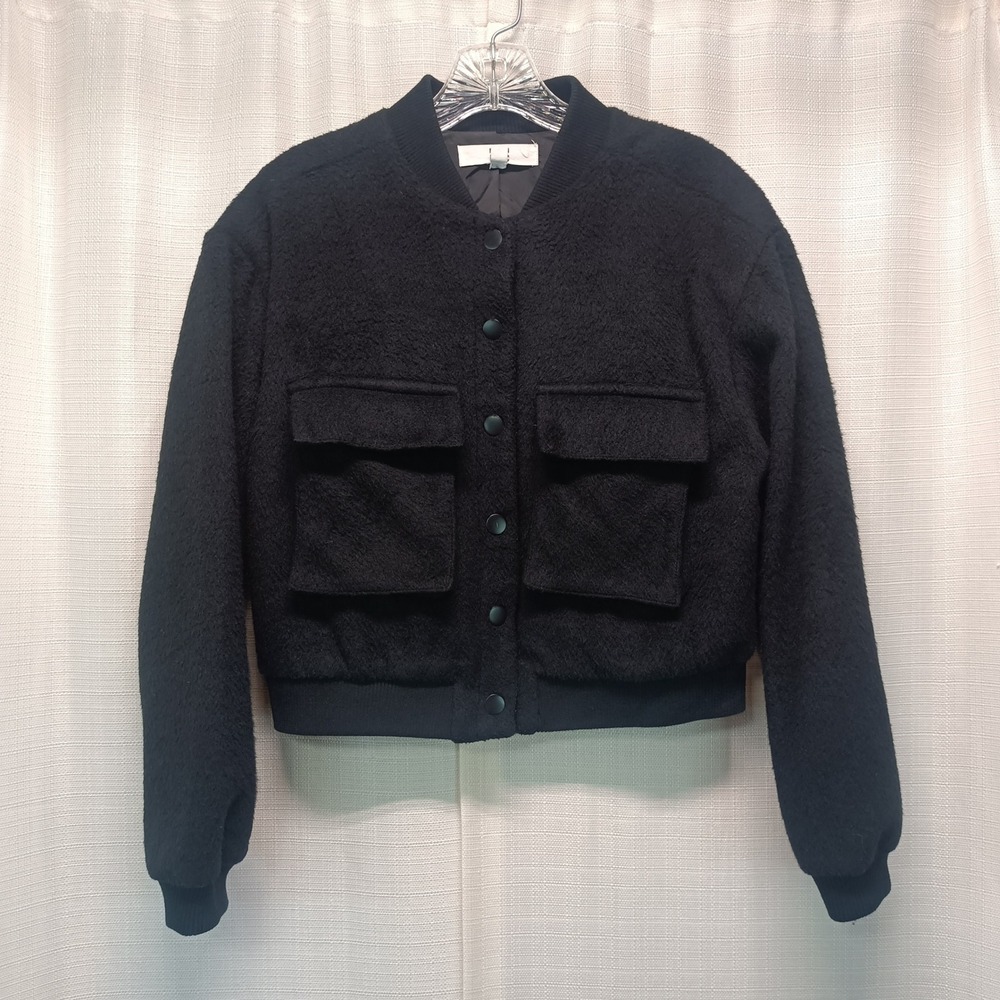 Madden NYC Womens Black Wool Blend Boucle Bomber Jacket Cropped Small Casual